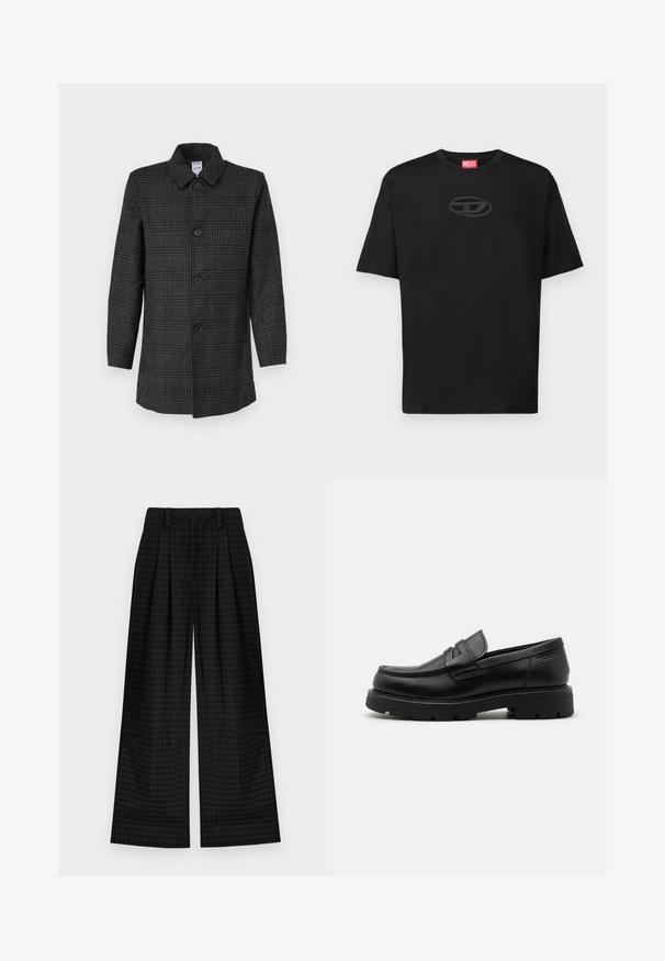 Grå rutete frakk laget av en ullblandingsstoff, med krage, seks knapper foran og lange ermer. Vanlig passform.; Svart bomull T-skjorte med rund hals, korte ermer, og en teksturert oval logo i en mørkere nyanse på brystet. Rød merkeetikett på halsen.; Svarte rutete brede bukser med legg, med en glatt tekstur og klassisk design. Lett stoff for komfort.; Sorte lærloafers med rund tå, teksturerte detaljer på fronten, og en tykk gummisåle med spor for bedre grep.