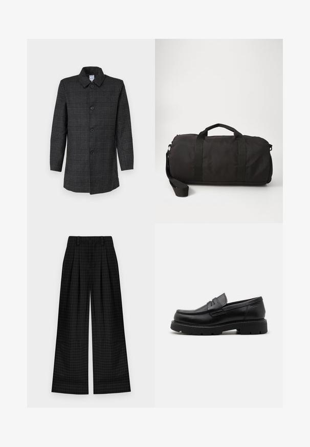 Siv plaščen kaput iz volnenega materiala, ki ima ovratnik, šest gumbov spredaj in dolge rokave. Redna prileganje.; Črna bombažna majica s kratkimi rokavi, okroglim izrezom in teksturiranim ovalnim logotipom v temnejši odtenku na prsih. Rdeča oznaka blagovne znamke na izrezu.; Črne karirane hlače širokega kroja z gubami, ki se ponašajo z gladko teksturo in klasičnim dizajnom. Lahka tkanina za udobje.; Črne usnjene mokasine s zaobljenim nosom, teksturiranimi detajli spredaj in debelim gumijastim podplatom z žlebovi za oprijem.; Črna torba iz trpežnega blaga, ki vsebuje dve vrhnji ročaji, odstranljivo naramnico in gladko, zaobljeno obliko.
