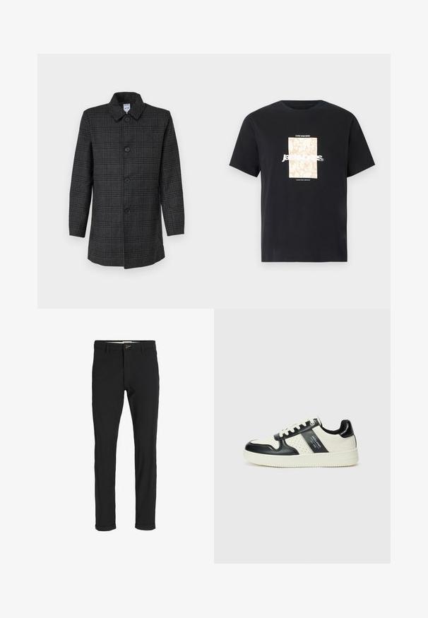 Grauer Karomantel aus einer Wollmischung, mit einem Kragen, sechs Knöpfen auf der Vorderseite und langen Ärmeln. Reguläre Passform.; Schwarzes Baumwoll-T-Shirt mit Rundhalsausschnitt. Hat eine beige rechteckige Grafik und weißen Text "JAWO", zentriert auf der Vorderseite. Kurze Ärmel.; Schwarze Baumwollmischungshose mit schmalem Schnitt, gekennzeichnet durch einen Knopfverschluss, Taschen und umgeschlagenen Säumen für einen lässigen Abschluss.; Leder-Sneaker in Schwarz- und Cremetönen, mit perforierten Akzenten, einem gepolsterten Kragen und einer strukturierten Laufsohle.