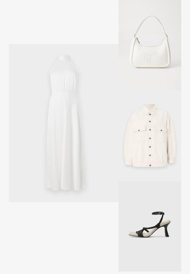 Jasno-beżowa dżinsowa kurtka z długimi rękawami, zapinana na guziki z przodu, z dwiema klapkowymi kieszeniami na piersiach z guzikami oraz klasycznym kołnierzem na jednolitym tle.; Biała maxi sukienka na ramiączkach z dopasowanym korpusem, marszczonym w pasie i zwiewnym spódnicą. Gładki materiał o subtelnym połysku.; Czarne sandały na obcasie z plecionym paskiem, kwadratowym noskiem i regulowanym paskiem na kostkę. Jasnobeżowa wkładka z błyszczącym czarnym obcasem.; Biała skórzana torebka o zaokrąglonym kształcie, z wytłoczonym logo "CK" z przodu i pojedynczym paskiem na ramię. Zapięcie na zamek z góry.