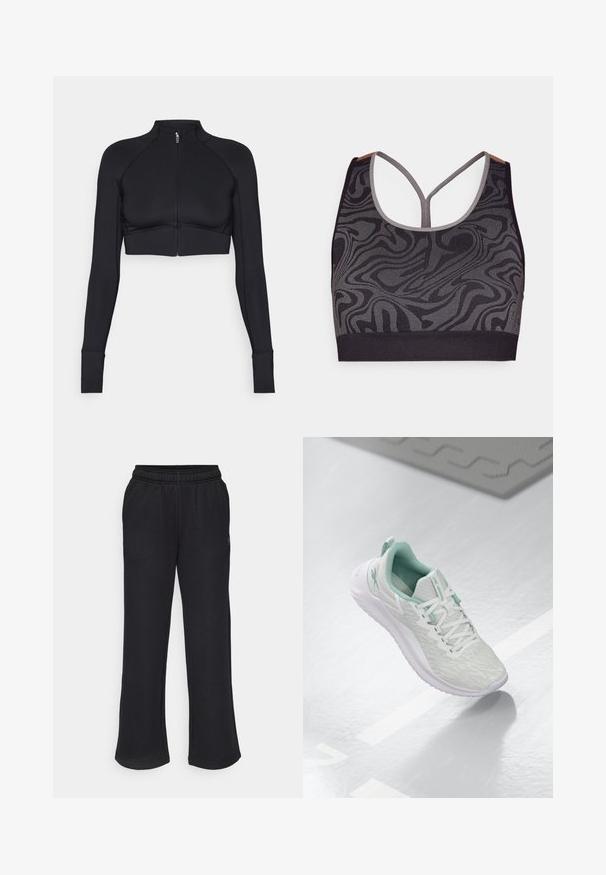 Černá zkrácená bunda vyrobená z elastického materiálu, s vysokým límcem, dlouhými rukávy, celoplošným zipem a plochými švy.; Černá sportovní podprsenka se šedým vířivým vzorem, s kulatým výstřihem a designem s vyšším zadním dílem. Vyrobena z texturované pleteniny.; Černé tepláky s rozšířeným střihem, elastickým pasem a bočními kapsami. Vyrobené z měkké tkaniny bez viditelných vzorů nebo akcentů.; Světle šedá sportovní obuv s texturovaným pleteným svrškem, mátově zelenými akcenty, bílými tkaničkami, gumovou podrážkou a poutkem na patě.