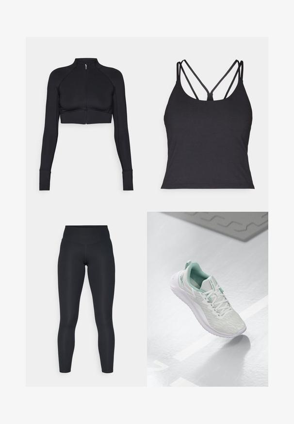 Svart cropped jakke laget av elastisk materiale, med høy krage, lange ermer, hel glidelås foran og flate sømmer.; Svart tank topp med tynne stropper og et kryssdesign på baksiden. Laget av mykt, elastisk materiale med en tettsittende silhuett.; Svarte tights laget av elastisk stoff, med høy midje, glatt tekstur og en kroppsnær passform. Ingen synlige mønstre eller detaljer.; Lys grå idrettssko med en teksturert strikket overdel, mintgrønne detaljer, hvite snøringer, gummisåle og en løftestropp på hælen.