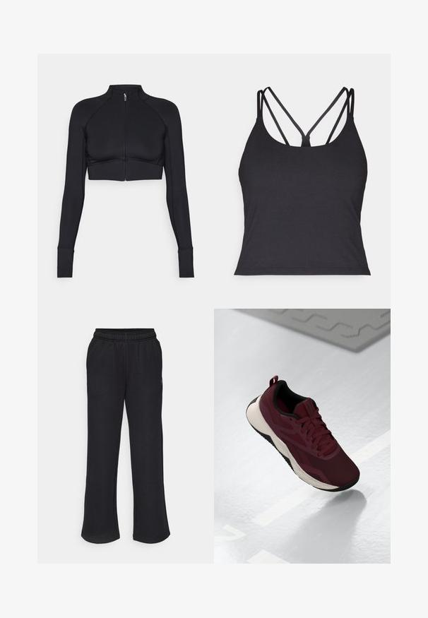 Black cropped jacket made of stretchy material, featuring a high collar, long sleeves, full front zipper, and flat seams.; Black tank top featuring thin straps with a crisscross design at the back. Made from soft, stretchy material with a fitted silhouette.; Black sweatpants with a flared shape, elastic waistband, and side pockets. Made from soft fabric with no visible patterns or accents.; Maroon athletic shoe with mesh upper, black accents, and a cushioned white sole. Features lace-up closure and pull tab at the heel.