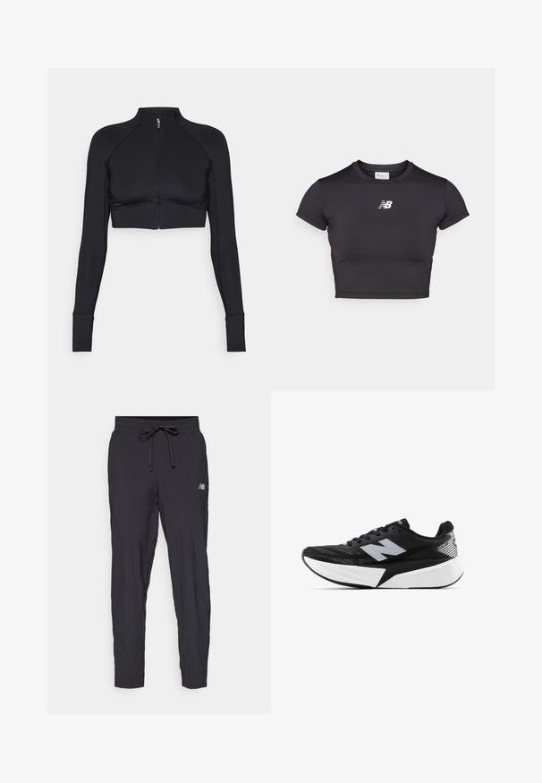 Giacca nera cropped realizzata in materiale elastico, con colletto alto, maniche lunghe, zip frontale completa e cuciture piatte.; Maglietta atletica nera corta con maniche corte, realizzata in tessuto elastico. Presenta un logo bianco sul davanti, scollatura rotonda e un design aderente.; Pantaloni sportivi neri realizzati in materiale leggero con vita elasticizzata e cordoncino regolabile. Presentano un piccolo logo sul lato.; Scarpa da corsa New Balance in bianco e nero con suola spessa, parte superiore in rete e logo "N" sul lato, vista dal lato esterno.