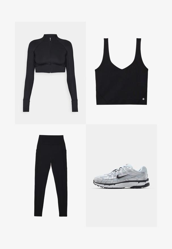 Chaqueta corta negra hecha de material elástico, con cuello alto, mangas largas, cremallera frontal completa y costuras planas.; Sujetador deportivo negro con tirantes anchos, diseño de escote en V, tela texturizada y detalle del logo en el dobladillo. Acabado suave, estilo minimalista.; Leggings negros hechos de una tela elástica con una cintura alta y acanalada. Presentan bolsillos laterales y un diseño sin costuras para mayor comodidad.; Zapatillas Nike P-6000 con parte superior de malla gris claro, acentos negros y suela de goma negra duradera. Presentan un diseño intrincado y un sistema de cordones.