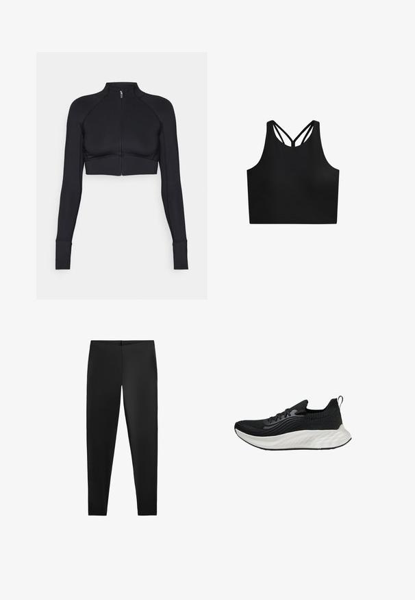 Črna skrajšana jakna iz raztegljivega materiala, z visokim ovratnikom, dolgimi rokavi, polnim zadrgo na sprednji strani in ravnimi šivi.; Črn športni crop top z gladko teksturo, ki ima visok ovratnik in dvojne križaste naramnice na hrbtu. Preprost, funkcionalen dizajn.; Črne legice z gladko teksturo in prilegnjenim krojem, z visokim pasom in brezšivno zasnovo za udobje in vsestranskost.; Črne atletske čevlje s teksturiranim zgornjim delom, belim oblazinjenim podplatom in diskretnim logotipom. Imajo zanko za lažje obuvanje in vezalni sistem.