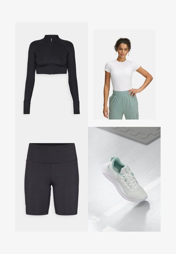 Juoda trumpa striukė, pagaminta iš tamprių medžiagų, su aukštu apykaklės, ilgomis rankovėmis, užtrauktuku priekyje ir lygiomis siūlėmis.; Baltas prigludęs marškinėliai su trumpomis rankovėmis, derinami su šviesiai žaliomis elastingomis kelnėmis. Lygi tekstūra, minimalistinis dizainas, be akivaizdžių raštų.; Juodi sportiniai šortai, pagaminti iš tamprios medžiagos, su aukštu juosmeniu ir plokščiais siūlės siūlais. Sukurti komfortui ir judrumui.; Šviesiai pilni sportiniai bateliai su tekstūruota mezgimo viršutine dalimi, mėtų žalumo akcentais, baltais raišteliais, guminėmis padangomis ir kilpa kulne.