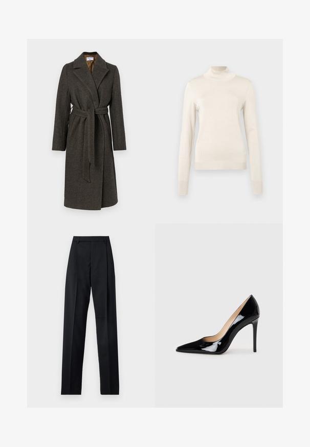 Tmavošedý vlnený kabát s prekrývajúcim sa designom, s klopovým golierom, dlhými rukávmi a látkovým opaskom. Má jemnú herringbonovú textúru.; Krémový rolák vyrobený z mäkkého pleteného materiálu, s dlhými rukávmi a rebrovanými detailmi na krku a manžetách.; Čierne nohavice vyrobené z hladkej látky s vysokým pásom, širokými nohavicami, prednými záhybmi a klasickými pútkami na opasok. Žiadne bočné vrecká nie sú viditeľné.; Čierne lakované lodičky na vysokej podpätku s špicatou špičkou a elegantným siluetou. Disponujú hladkým, lesklým povrchom a štíhlym podpätkom.