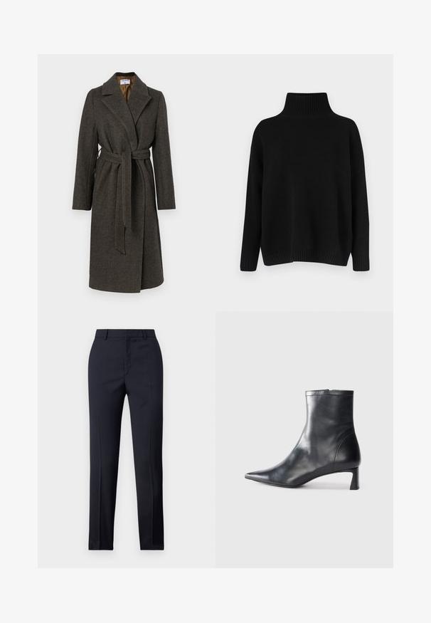 Tmavošedý vlnený kabát s prekrývajúcim sa designom, s klopovým golierom, dlhými rukávmi a látkovým opaskom. Má jemnú herringbonovú textúru.; Čierny pletený sveter s vysokým žebrovaným golierom, spustenými ramenami a voľným strihom. Má žebrované manžety a lem pre textúru.; Námornícke nohavice s rovnými nohavicami, so hladkou textúrou, dvoma prednými vreckami a čistým pásom.; Čierne kožené členkové topánky s špicatou špičkou a elegantným dizajnom. Majú nízky podpätok a zips na zadnej strane. Hladká textúra.