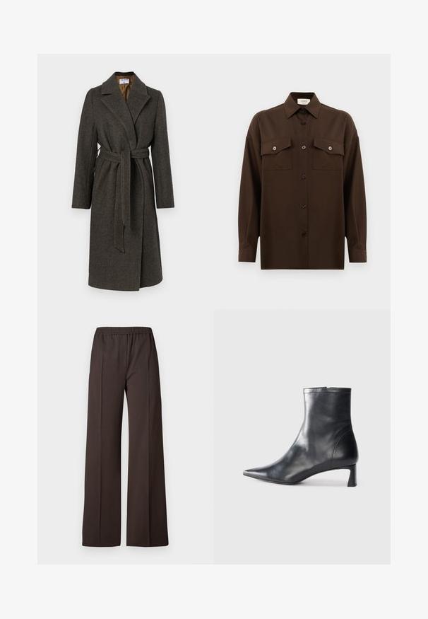 Sötétszürke gyapjú kabát, átkapcsolható fazonnal, szögletes gallérral, hosszú ujjakkal és szövetövvel. Finom halszálka-textúrával rendelkezik.; Sötétbarna, hosszú ujjú, gombos ing, két zsebével a mellén és klasszikus gallérral, egyszerű fehér háttér előtt bemutatva.; Sötétbarna anyagból készült, bő szárú nadrág, rugalmas derékkal, sima textúrával és letisztult vonalakkal a sikkes megjelenés érdekében.; Fekete bőr bokacsizma hegyes orral és letisztult dizájnnal. Alacsony sarka és hátsó cipzáras záródása van. Simának tűnő textúra.