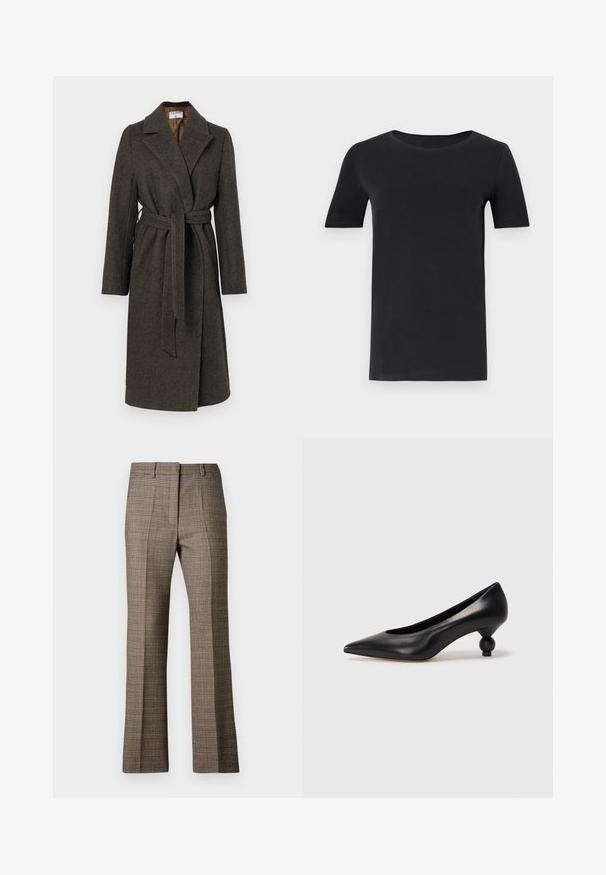 Tumehall villane jakk, millel on mähkimise disain, lõhiku krae, pikad varrukad ja kangast vöö. Omab õrna kalasabamust.; Must must valmistatud pehmest puuvillast, lühikeste varrukatega, ümmarguse kaelusega ja klassikalise lõikega. Sile tekstuur, ilma mustrite või kaunistusteta.; Pruunist ruudulisest kangast püstise sääremuudega püksid, millel on tekstureeritud kangas ja peened beeži ning tumedamate pruunide tooni mustrid.; Must musta kõrge kontsaga king, millel on terav nina ja ümar, pallikujuline konts. Sile pind ja elegantne, minimalistlik disain.