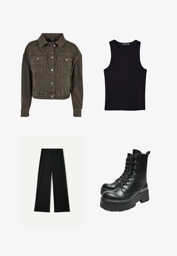 Kappad jeansjacka i mörkgrått, med två bröstfickor, silverfärgade knappar och klassisk krage. Mjuk, strukturerad tyg.; Svart linne i bomull, med rund halsringning och breda armhål. Slät yta med sydda fållar. Klassisk, minimalistisk design.; Bershka WIDE - Tygbyxor - black; Bershka TRACK - Platåstövletter - black