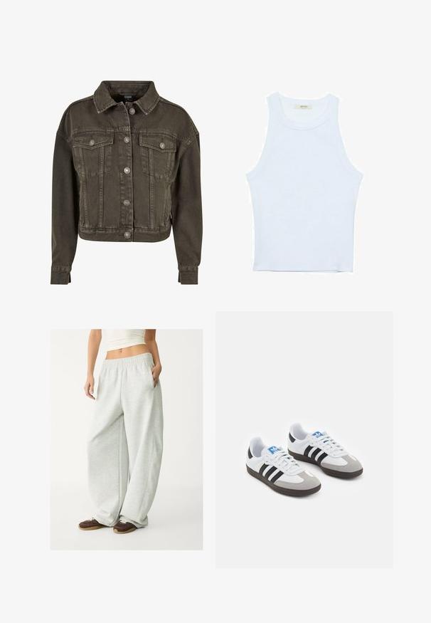 Skraćena traper jakna u tamnosivoj boji, s dva džepa na prsima, srebrnim gumbima i klasičnim ovratnikom. Mekana, teksturirana tkanina.; Bijela majica na bretele, rebrasta tekstura, okrugli izrez, bez rukava, uski kroj, suptilno brendiranje na etiketici unutar područja ovratnika.; Svijetlosive trenirke s elastičnim pojasom, bočnim džepovima i širokim krojem. Izrađene od mekog, teksturiranog materijala; imaju suptilne šavne detalje.; Sportske cipele s gornjištem od bijele kože, sivi suedinasti nos i tri crne pruge. Imaju plavi logo na jeziku i teksturiranu gumenu podlogu.