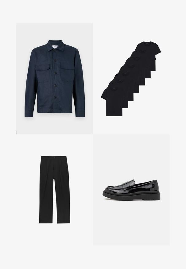 Sötétkék ingdzseki könnyű anyagból, gombos elülső részlettel, két mellzsebbel és hegyes gallérral. Simább textúra.; Nyolc darabból álló fekete pamut pólókészlet rövid ujjakkal és kerek nyakkal, sima kialakítással és puha felülettel.; Fekete nadrág egyenes szárú kialakítással, sima anyagból készült. Elöl redők és egy gombos záródás található a derékon.; Fekete lakk bőr loaferek lekerekített orral, díszcsíkkal és vastag fekete gumitalppal. Sima, fényes felület minimális varrással.