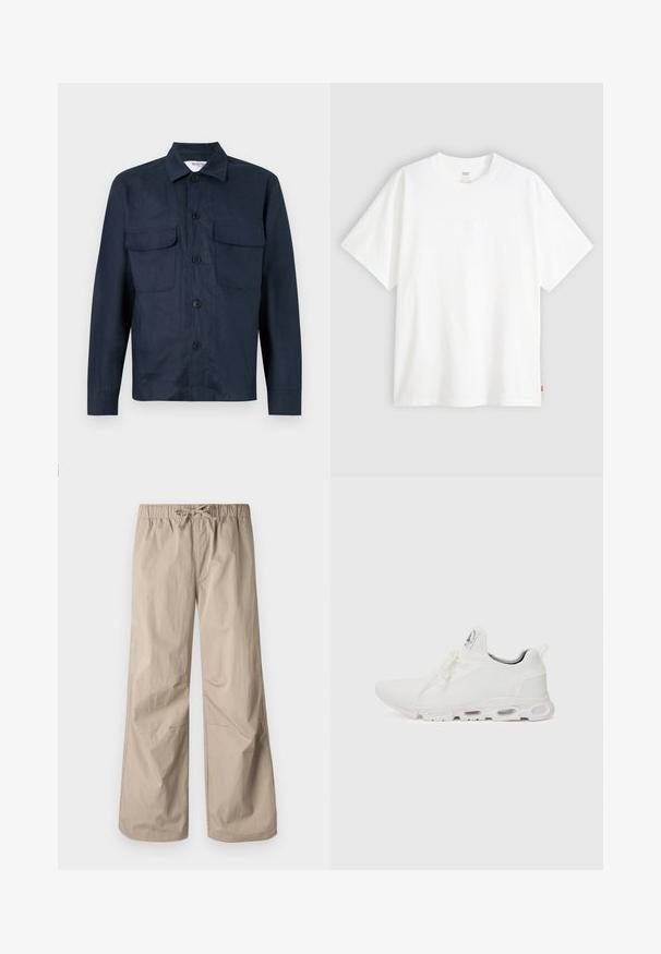 Mornaricobetna košulja-jakna izrađena od lagane tkanine, s prednjim kopčanjem na dugmad, dva džepa na prsima i oštrim kragnom. Glatka tekstura.; Bijela kratka majica od pamuka s okruglim izrezom. Sadrži suptilni reljefni logo detalj sprijeda i crvenu oznaku na rubu.; Bež hlače širokih nogavica s elastičnim pojasom i vezicom. Glatka tekstura, dva bočna džepa i minimalni šavovi za opuštenu prilagodbu.; Bijele atletske tenisice s gornjim dijelom od teksturiranog pletenog materijala, ravnim vezicama i jastučićem u potplatu s vidljivim zračnim komorama radi dodatne potpore.