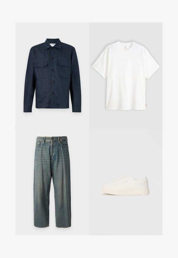 Sötétkék ingdzseki könnyű anyagból, gombos elülső részlettel, két mellzsebbel és hegyes gallérral. Simább textúra.; Fehér, rövid ujjú pamut póló, kerek nyakkivágással. Az elülső részen finom, domború logós részlet található, valamint egy piros cimke az alsó szegélyen.; Világoskék farmernadrág, laza fazonnal, közepes derékbőséggel és egyenes szárral. Öt zsebet, övbucskát és gombos záródást tartalmaz.; Fehér slip-on sportcipők texturált felülettel, vastag talppal és minimalista dizájnnal. Az oldalon a márka logója található.