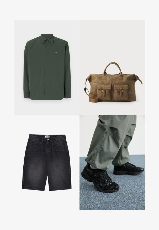 Tamsiai žalia ilgos rankovės marškinėliai, pagaminti iš lygaus audinio, su mygtukiniu apykakle ir subtiliu logotipu kairėje krūtinės pusėje.; Juodas megztinis su užtrauktuku ant apykaklės, ilgomis rankovėmis, guminiu apkaustu ir apačia, pagamintas iš švelnios, lygios medžiagos.; Juodi džinsiniai šortai su klasikinio dizaino. Savybės: penki kišenės, priekinis mygtuko uždarymas ir siuvinėjimo detalės. Lygus paviršius ir tiesus kirpimas.; Juodi sportiniai bateliai su blizgiu ir tinkliniu tekstūromis, turintys storą pado ir raištus, derinami su laisvomis alyvuogių spalvos kargo kelnėmis.; Rudos odos kelioninis krepšys su dviem priekinių kišenių, reguliuojama petneša, auksinėmis detalėmis ir tvirtais viršiniais rankenomis. Lygus paviršius.