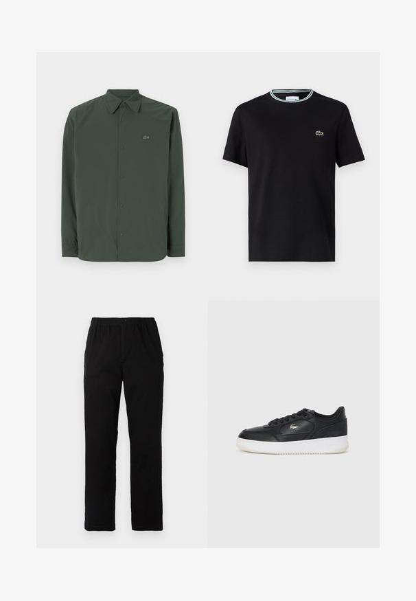 Mørkegrøn langærmet skjorte lavet af glat stof med krave og diskret logo på venstre bryst.; Sort bomulds t-shirt med rund hals, der har en hvid og grøn stribet kant, samt et broderet grønt krokodille-logo på venstre bryst.; Sorte bukser lavet af en bomuldsblandingsstof, med lige snit, elastisk talje med knap, og uden synlige mønstre eller detaljer.; Sorte lædersneakers med hvid sål, der har en rund tå, snørebåndsdesign og et diskret logo på siden. Teksturerede overskydende detaljer.