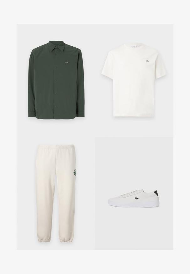 Ciemnozielona koszula z długim rękawem wykonana z gładkiego materiału, z kołnierzykiem zapinanym na guziki i subtelnym logo po lewej stronie klatki piersiowej.; Biała bawełniana koszulka z krótkim rękawem, z subtelnym haftowanym logo i minimalistycznym wzornictwem. Miękka tekstura, okrągły dekolt.; Jasnobeżowe spodnie dresowe wykonane z bawełny, z elastycznym pasem, ściągaczami na nogawkach oraz zielonym logo z motywem liścia na lewym udzie.; Białe skórzane sneakersy z okrągłym noskiem, sznurowanym przodem i czarnym akcentem na pięcie. Posiadają małe wyszywane logo krokodyla po boku.