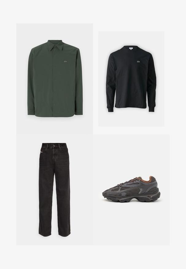 Tmavozelená košeľa s dlhým rukávom vyrobená z hladkej tkaniny, s golierom na gombíky a diskrétnym logom na ľavej hrudi.; Čierne tričko s dlhým rukávom vyrobené z bavlny, s okrúhlym výstrihom a malým zeleným vyšívaným logom krokodíla na ľavej hrudi.; Čierne deninové nohavice s širokými nohavicami a vysokým pásom, predným zapínaním na gombík, dvoma bočnými vreckami a jemnými švom.; Lacoste tenisky v tmavo sivej farbe z nylonu a syntetického materiálu, s textúrovanou podrážkou a hnedými akcentami na golieri a brandingu.