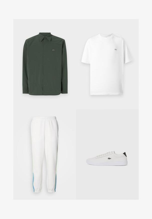Tumši zaļa garām piedurknēm krekls no gludas auduma ar pogas leju apkakli un diskretu logo kreisajā krūtī.; Balts kokvilnas T-krekls arapa apaļu kaklu un īsām piedurknēm. Uz kreisā krūšu viena ir mazs melns Lacoste logo.; Baltas sporta bikses ar elastīgu jostu, ar zaļiem un ziliem sānu svītrainiem. Mīksta auduma ar sašaurinātu potīšu dizainu.; Baltas ādas sporta apavu modelis ar noapaļotu purngalu, sasienamu priekšpusi un melnu papēža akcentu. Satur nelielu izšūtu krokodila logo sānos.