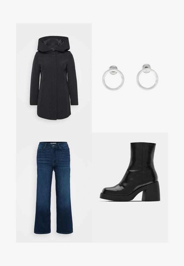 Melnā, vieglā jaka ar lielu, strukturētu kapuci, vertikālām šuvēm, priekšējo aizdari un divām sānu kabatām. Gluda tekstūra un pielāgota piegriezuma.; Even&Odd Petite 2 PACK - Tops - light grey/black; ONLY Petite ONLMADISON BLUSH WIDE - Džinsi ar platām starām - dark blue denim; Melnas potītes zābaku ar spīdīgu apdari, kvadrātveida pirkstu un biezu bloku papēdi. Dizainā ir bezšuvju siluets un minimāla zīmola identitāte.; Sudraba metāla gredzenveida auskari ar matētu faktūru, ar apaļu dizainu un caurspīdīgu aizdari, lai nodrošinātu drošu valkāšanu.