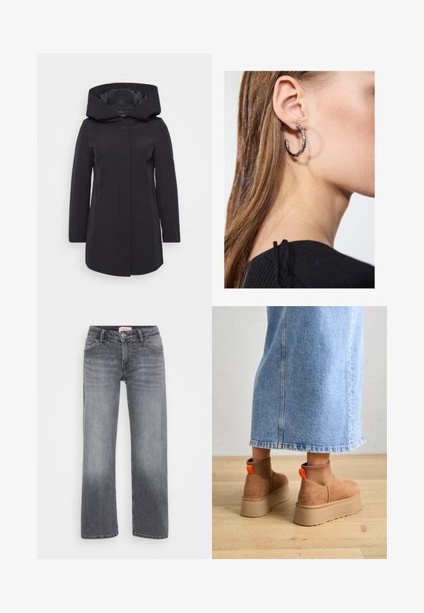 Svart lett jakke med stor strukturert hette, vertikale sømmer, frontlukking og to sidelommer. Glatt tekstur og skreddersydd passform.; Even&Odd Petite 2 PACK - Topper - light grey/black; Grå denimjeans med rett ben-design, fem-lomme stil, subtil falming, og knappelukking i midjen.; Brune semska plattformstøvler med elastiske sidepaneler og orange rekkehalser, parret med en knelange lys denimskjørt på et tregulv.; Sølv ringøredob med en polert finish, med små gull detaljer og en rund form, båret på øreflippen.