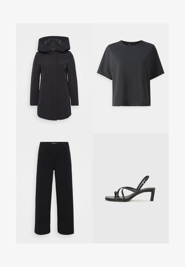Crni lagani kaput s velikim, strukturiranim kapuljačom, vertikalnim šavovima, prednjim zatvaranjem i dva bočna džepa. Glatka tekstura i krojeni fit.; Crna pamučna majica, kratki rukavi, okrugli izrez, opušteni kroj, glatka tekstura, jednostavan dizajn, bez uzoraka ili naglasaka.; Crne široke hlače s elastičnim pojasom. Napravljene od teksturiranog materijala, s prostranim krojem i ravnim rezom od bokova do donjeg ruba.; Crne sandale s trakama, kvadratnim prstom i niskom blok petom. Ima više tankih trakica i podesivu trakicu oko gležnja. Izrađene su od glatke kože.