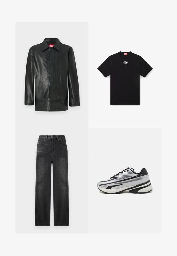 Črna usnjena jakna s klasičnim ovratnikom, enim sprednjim zapenjanjem in minimalističnim dizajnom. Ima opazno rdečo blagovno znamko znotraj.; Črna bombažna majica s krožnim izrezom in kratkimi rokavi. Ima majhen srebrni logotip vezen na sredini spredaj.; Črne ravne kavbojke iz denima, ki imajo pet žepov, pasne zanke in subtilno zbledelost na tkanini za teksturo.; Tekmovalni čevlji za tek z zgornjim delom iz srebrne mreže, črnimi detajli in belim podplatom. Imajo teksturiran dizajn in črne vezalke. Lahki in oblazinjeni.