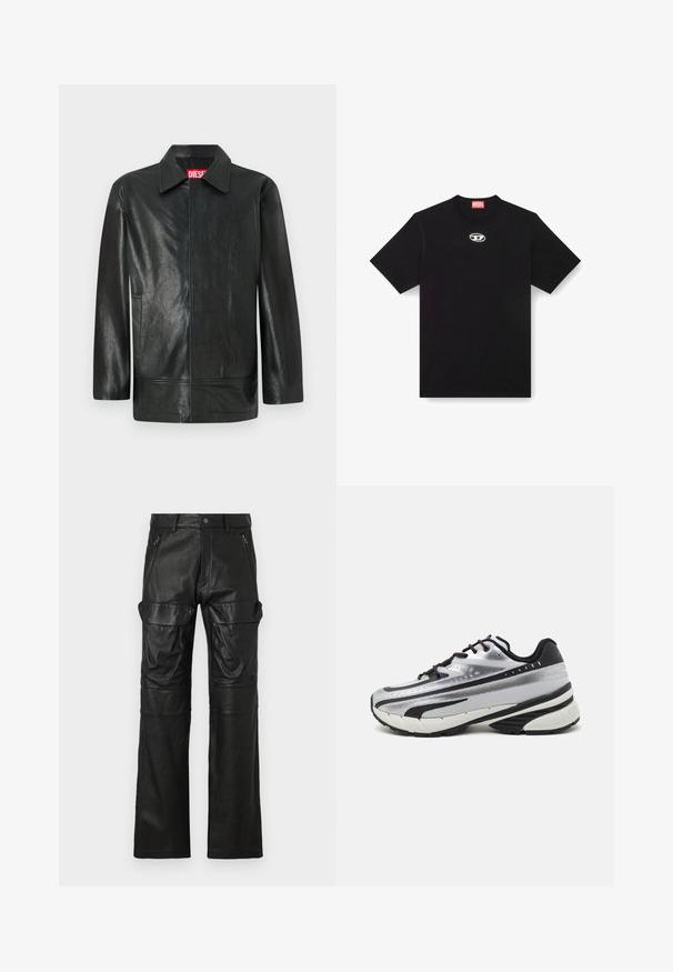 Jachetă din piele neagră cu guler clasic, deschidere frontală unică și design minimalist. Prezintă o etichetă de marcă roșie proeminentă în interior.; Tricou negru din bumbac cu guler rotund și mâneci scurte. Prezintă un mic logo argintiu brodat în centrul frontal.; Pantaloni din piele neagră cu un design drept, având două buzunare frontale cu fermoar și buzunare laterale mari pentru un plus de spațiu de stocare.; Pantof cu alergare cu un țesut superior din plasă argintie, accente negre și talpă albă. Dispune de un design texturat și șireturi negre. Ușor și căptușit.