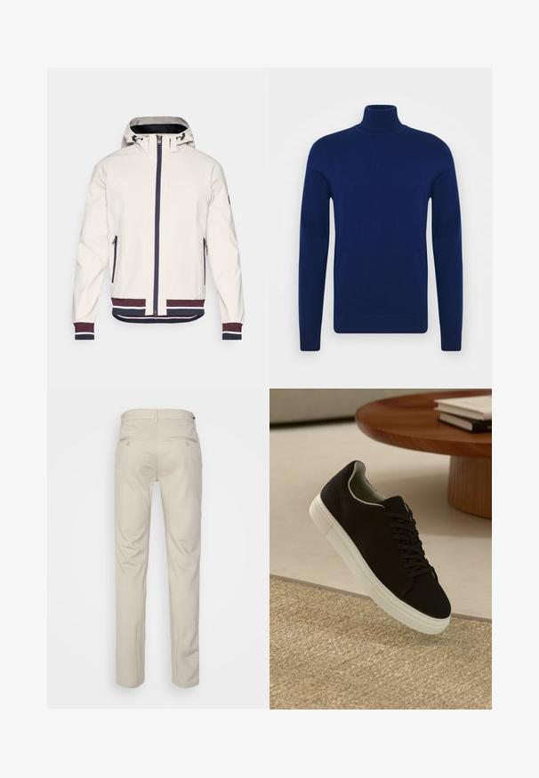 Chaqueta color beige claro con capucha, que presenta un cierre frontal, dos bolsillos con cremallera y puños y dobladillo acanalados en franjas azul marino y burdeos.; Suéter de cuello alto en azul marino, confeccionado con tejido de punto suave. Mangas largas y diseño ajustado con acentos de canalé en el cuello y el dobladillo.; Pantalones beiges con una textura suave, corte recto, dos bolsillos traseros con botones y una cinturilla estándar.; Zapatilla negra con suela blanca flotando sobre una alfombra texturizada beige cerca de una mesa redonda de madera con libros apilados.