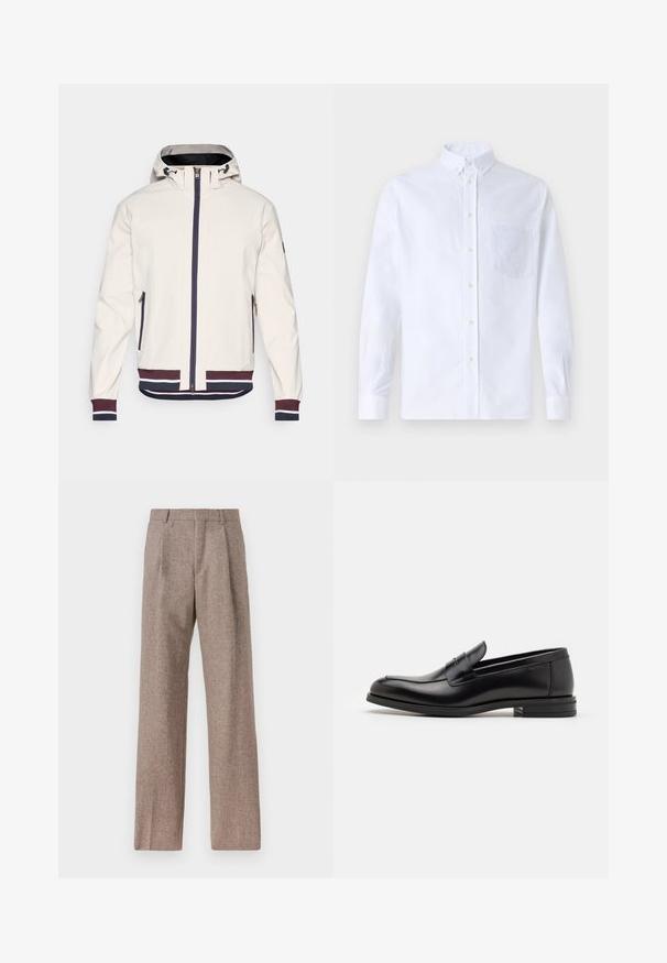 Gai bēšas krāsas jaka ar kapuci, ar priekšējo rāvējslēdzēju, divām rāvējslēdzēju kabatām un ribotu piedurkņu un apakšmala ar zilu un bordo svītrām.; Balts garo piedurknēm krekliņš ar pogām, izgatavots no kokvilnas, ar krūšu kabatu ar tonālu izšuvumu, apkakli un pogām pie piedurknēm.; Brūni, augstos šortos izgatavoti no teksturēta auduma. Iezīmē plašas kājas un divas priekšējās krokas, kas nodrošina struktūru. Kārtīga apdare bez redzamām detaļām.; Melnas ādas kurpes ar gludu tekstūru, noapaļu purngalu un dekoratīvu siksniņu pāri priekšpusei. Zems sakrauts papēdis, minimālisma dizains.