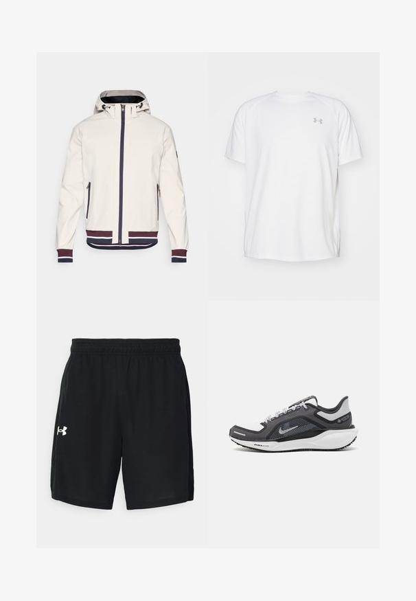 Lichtbeige jas met een capuchon, voorzien van een rits aan de voorkant, twee ritszakken en geribde manchetten en zoom in marineblauw en kastanjebruin gestreept.; Witte sportieve T-shirt met korte mouwen, gemaakt van gladde stof. Heeft een ronde hals en een grijs logo op de linkerkant van de borst, met zijsplitten aan de zoom.; Zwarte sport shorts van lichtgewicht stof, met een elastische tailleband en een wit logo aan de linkerkant.; Zwarte en grijze sportschoen met een bovenwerk van mesh, reflecterende accenten en een witte tussenzool. Beschikt over een gestructureerde rubberen zool en veters.