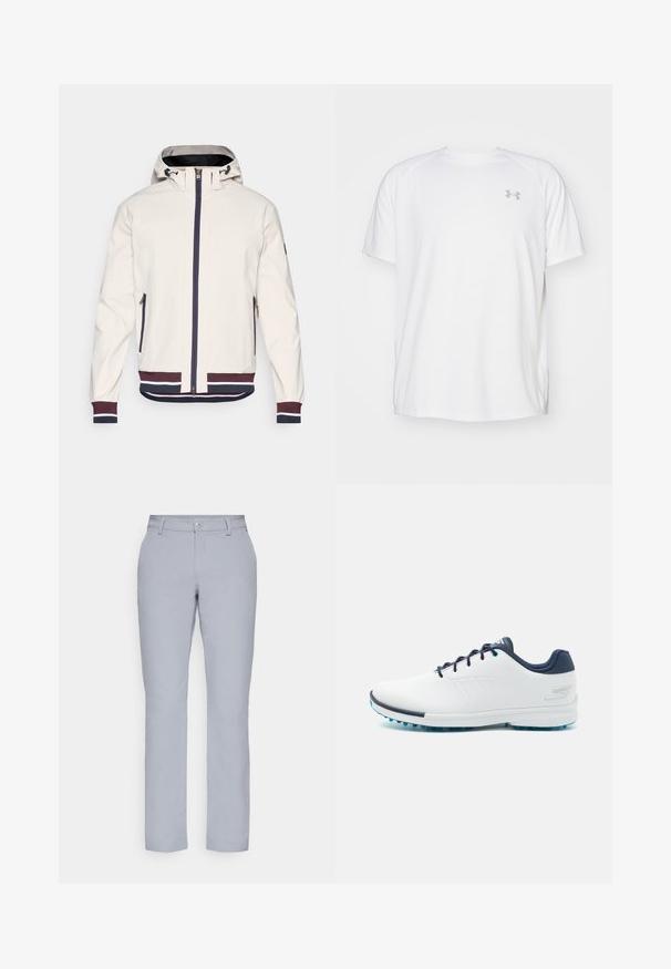 Šviesiai smėlinė striukė su kapišonu, turinti priekinį užtrauktuką, dvi užtrauktuku uždaromas kišenes ir ripsuotas rankoves bei apačią, papuoštas tamsiai mėlynomis ir bordo juostomis.; Balta trumpa rankovėmis sportinė marškinėliai, pagaminti iš lygaus audinio. Yra apvalus kaklas ir pilkas logotipas kairėje krūtinės pusėje, o apatinėje dalyje yra šoninės plyšiai.; Šviesiai pilkos kelnes su tiesiu kirpimu, mygtuko uždarymu, priekinėmis kišenėmis ir lygia, tekstūruota medžiaga. Minimalistinis dizainas, be raštų.; Balti sportiniai bateliai su lygiu sintetinės medžiagos paviršiumi, mėlynais akcentais, tekstūruotu tamsiai mėlynu kulnu ir lengvu, adatiniu padu geresniam sukibimui.