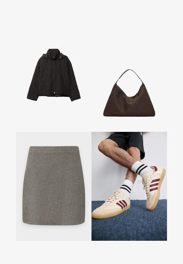 Black quilted jacket with a high collar, two front pockets, and a hood. Features a smooth texture and snap button closure.; Light grey knitted pullover with a high neck, dropped shoulders, and ribbed cuffs and hem. Soft texture with a relaxed fit.; Gray knitted mini skirt with a ribbed waistband, smooth texture, and a straight cut, designed for a fitted silhouette.; Beige sneakers with maroon stripes, textured upper, and gum rubber sole, paired with ribbed white socks featuring black stripes.; Brown woven leather handbag with a slouchy, triangular shape. Features a braided handle and a zipper closure along the top.