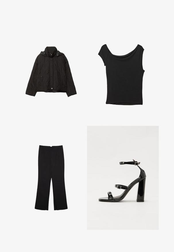 Giacca nera trapuntata con colletto alto, due tasche frontali e cappuccio. Presenta una texture liscia e chiusura con bottoni a scatto.; Top nero a maniche corte realizzato in tessuto liscio; presenta un colletto drappeggiato e un orlo asimmetrico, con una vestibilità aderente.; Pantaloni neri a gamba dritta, con tasche frontali e spacchi laterali all'orlo. Realizzati in tessuto morbido e liscio. Adatti a diverse occasioni.; Sandali con tacco in vernice nera, con punta squadrata, cinturini alla caviglia e fibbie in argento. Presentano un tacco a blocco spesso per maggiore stabilità.