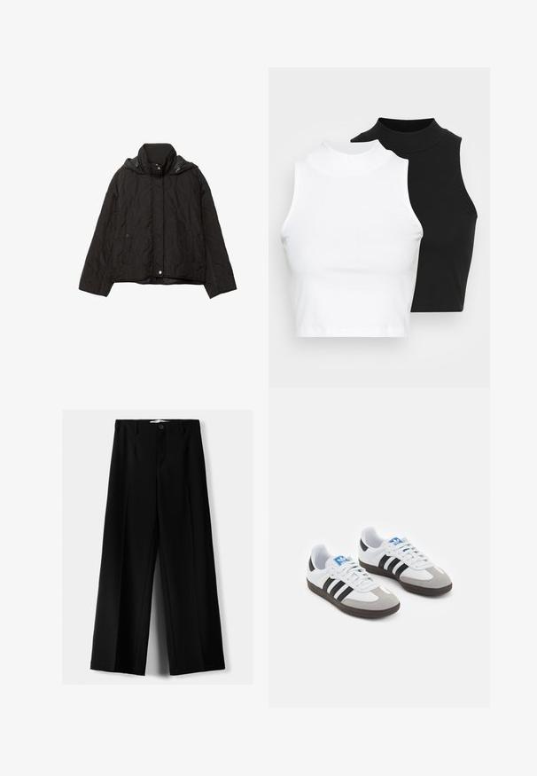 Černá prošívaná bunda s vysokým límcem, dvěma předními kapsami a kapucí. Disponuje hladkou texturou a zapínáním na patentky.; Dvě bezrukávové halenky s ribovým stojáčkem v černé a bílé barvě, které mají přiléhavý střih a hladkou texturu, s krácenou délkou.; Černé široké kalhoty z lehkého materiálu s předním zapínáním na knoflík a hladkým předním dílem, s pečlivě přišitými lemy.; Sportovní boty s bílým koženým svrškem, šedou semišovou špičkou a třemi černými pruhy. Obsahují modré logo na jazyku a texturovanou gumovou podrážku.