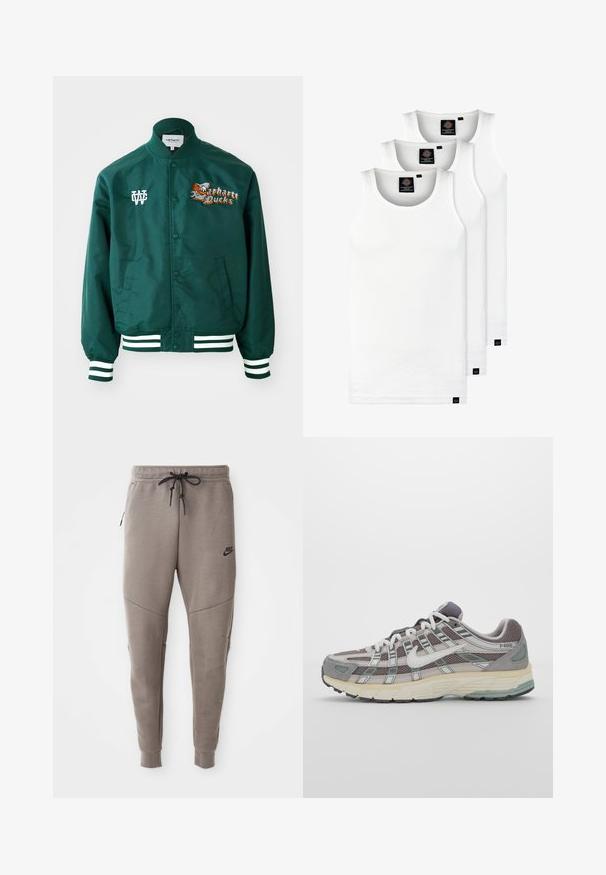 Vihreä yliopistotakki, jossa on napitus, valkoiset raidat hihansuissa ja helmassa sekä brodeerattu "Carhartt Ducks" -logo koripallon graafikalla.; Kolme valkoista ribbitekstiilistä toppia, jotka on valmistettu puuvillasta. Ominaisuuksiin kuuluu pyöreä pääntie ja pieni musta etiketti helman lähellä. Saatavilla useissa kooissa.; Harmaat Nike-juoksuhousut, joissa on kiristysnyöri vyötäröllä, kapeat lahkeet, sivutaskut ja erottuva sauman yksityiskohtaisuus. Pehmeä, tekstuuri kangas.; Harmaa urheilukenkä, jossa on verkko- ja mokkanahkainen yläosa, valkoiset yksityiskohdat, pehmustettu pohja ja erottuva muotoilu heijastavilla elementeillä.