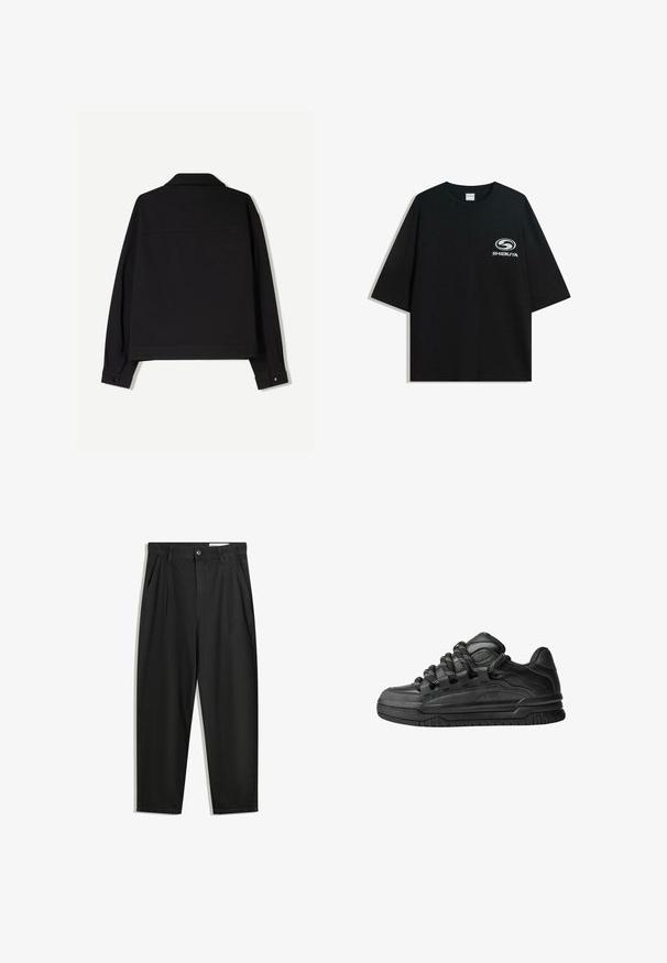 Černá látková bunda s dlouhými rukávy, límečkem a knoflíkovými manžetami. Má jednobarevný vzor a rovný střih.; Černé oversized bavlněné tričko s kulatým výstřihem a krátkým rukávem, na přední straně s potiskem bílého loga "Shibuya".; Černé bavlněné kalhoty s uvolněným střihem, klasickým pasem, předními záhyby a bočními kapsami. Hladká textura bez vzorů.; Černé tenisky s hladkým koženým svrškem, texturovanými akcenty a kulatými černobílými tkaničkami. Silná gumová podrážka s vzorovaným dezénem.