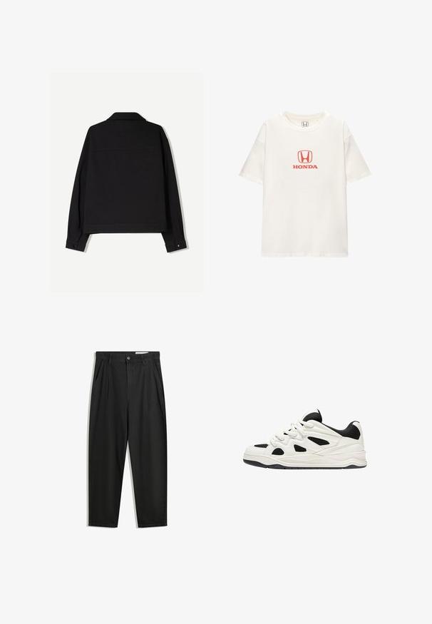 Fekete szövetdzseki hosszú ujjakkal, gallérral és gombos mandzsettákkal. Egyszínű és egyenes vonalú dizájn jellemzi.; Fehér pamut póló, rövid ujjakkal. A középen található téglalap alakú embléma felett egy piros "HONDA" logóval rendelkezik. Egyszerű, klasszikus dizájn.; Fekete pamut nadrág laza szabással, klasszikus derékrésszel, elülső hajtásokkal és oldalsó zsebekkel. Simább textúra minta nélkül.; Fehér és fekete sportcipők, texturált talppal, oldalt kivágott mintákkal és fűzős megoldással, valamint párnázott hátsó résszel a támasz érdekében.