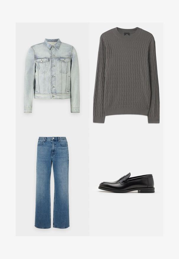 Chaqueta de mezclilla de lavado claro con cierre de botones, dos bolsillos en el pecho y cuello clásico. Tejido texturizado con un ligero desvanecimiento.; Armani Exchange Jersey de punto - dark gull zig zag; Pantalones vaqueros de pierna ancha en denim con un acabado desgastado. Presenta cinco bolsillos, un cierre de botón en la parte delantera y un corte recto.; Mocasines de cuero negro con una textura suave, puntera redondeada y una tira decorativa en el empeine. Tacón bajo apilado, diseño minimalista.
