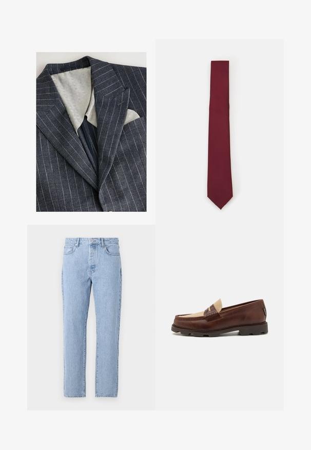 Námornícky modrý oblek s prúžkami s textúrovaným svetlosivým podšívkou, klopami a náprsné vrecko s bielou vreckovkou.; Biela košeľa s dlhým rukávom a zapínaním na gombíky, vyrobená z hladkého materiálu. Má klasický golier, predné gombíky a manžety na jeden gombík. Slim fit strih.; Svetlo modré džíny s priamym strihom, piatimi vreckami a zapínaním na gombíky. Mäkka textúra s klasickým vyblednutým povrchom.; Hnedé kožené loafers so taupe plátnovým akcentom, prešívaním a textúrovanou gumovou podrážkou navrhnutou pre pohodlie a trvácnosť.; Bordový hodvábny kravata, úzky tvar s pevným textúrou. Má špicatý koniec, jednotnú farbu a hladký povrch.