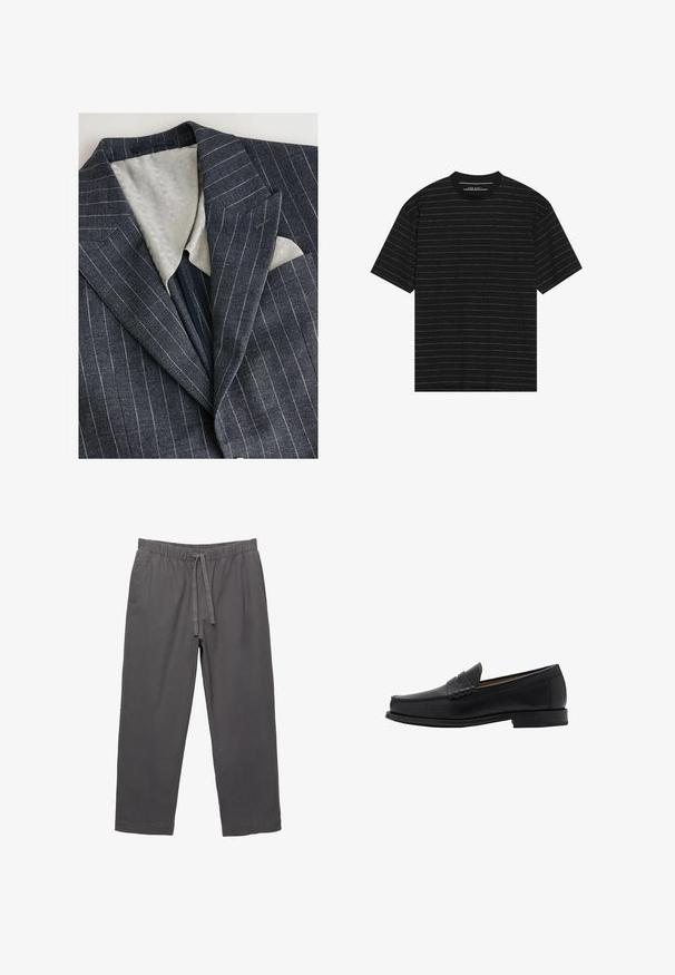 Blazer a righe blu navy con fodera grigia chiara testurizzata, rever a punta e taschino sul petto che mostra un fazzoletto bianco.; T-shirt nero a maniche corte con sottili righe orizzontali bianche. Realizzato in tessuto morbido con scollatura rotonda e vestibilità comoda.; Pantaloni grigi leggeri con fascia elasticizzata in vita e coulisse. Presentano gambe affusolate e un tessuto liscio, leggermente testurizzato.; Mango Mocassini eleganti - black
