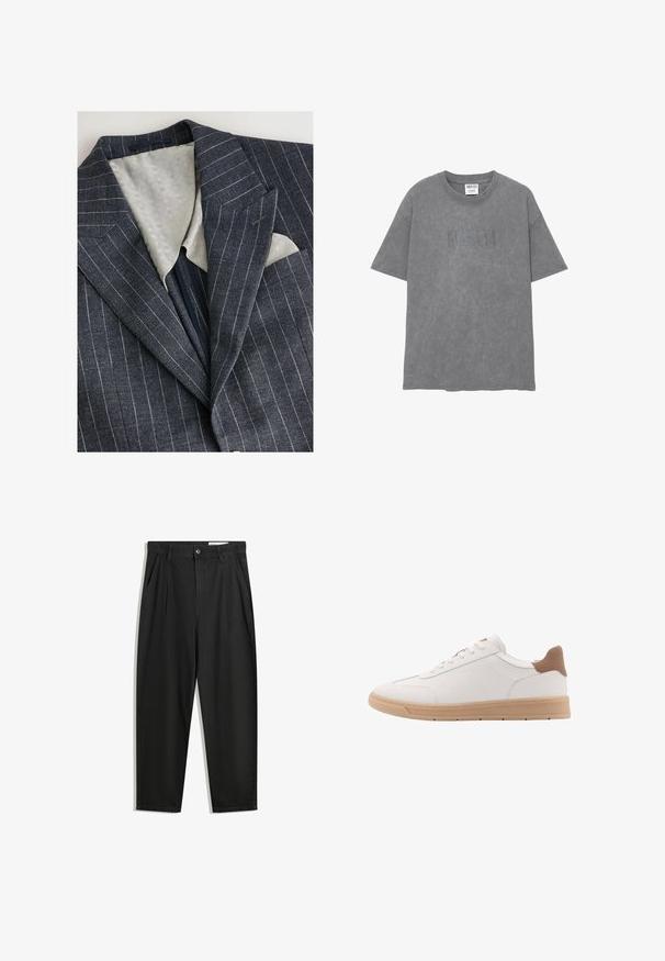 Blazer a righe blu navy con fodera grigia chiara testurizzata, rever a punta e taschino sul petto che mostra un fazzoletto bianco.; T-shirt in cotone grigio con maniche corte, vestibilità regolare, caratterizzata da un logo "Nirvana" sbiadito in una tonalità leggermente più scura. Texture morbida, design semplice.; Pantaloni in cotone neri con una vestibilità rilassata, dotati di una vita classica, pieghe frontali e tasche laterali. Tessuto liscio senza fantasie.; Sneaker in pelle bianca con una finitura liscia, dettagli in pelle color tan sul tallone e suola in gomma beige. Presenta lacci piatti e una semplice cucitura laterale.