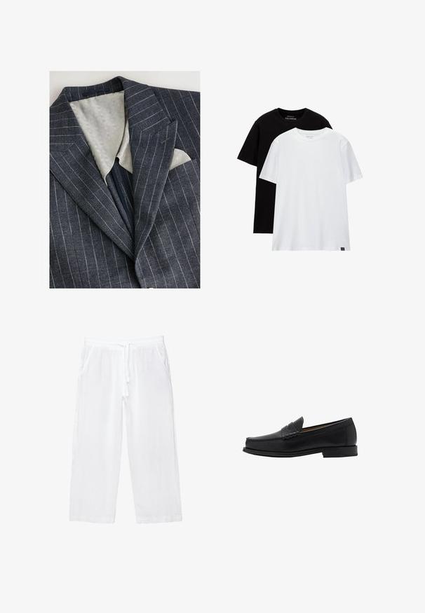 Námornícky modrý oblek s prúžkami s textúrovaným svetlosivým podšívkou, klopami a náprsné vrecko s bielou vreckovkou.; Dve tričká so štandardným strihom, jedno čierne a jedno biele, vyrobené z bavlny. Každé má okrúhly výstrih a krátke rukávy. Jednoduchý dizajn, bez vzorov.; Biele ľanové cropped nohavice s elastickým pásom, sťahovacou šnúrkou a dvoma bočnými vreckami. Hladká textúra a ľahký dizajn pre komfort.; Mango Elegantné našuchovačky - black