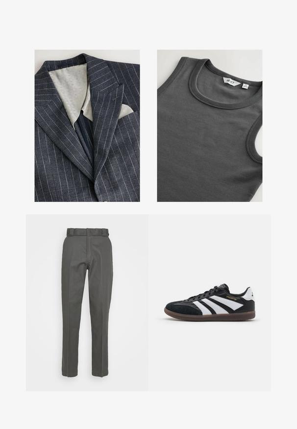 Blazer bleu marine à rayures avec une doublure grise clair texturée, des revers crantés et une poche poitrine affichant un mouchoir blanc.; Débardeur sans manches à rayures gris foncé avec un col rond et une étiquette de vêtement visible au niveau du col.; Pantalon gris avec une coupe droite, fabriqué dans un tissu lisse. Il possède une taille avec passants de ceinture et des détails de couture minimalistes.; Chaussures de sport noires et blanches avec une tige en daim et synthétique, arborant trois rayures blanches distinctes, une semelle en caoutchouc et le texte doré "Predator".