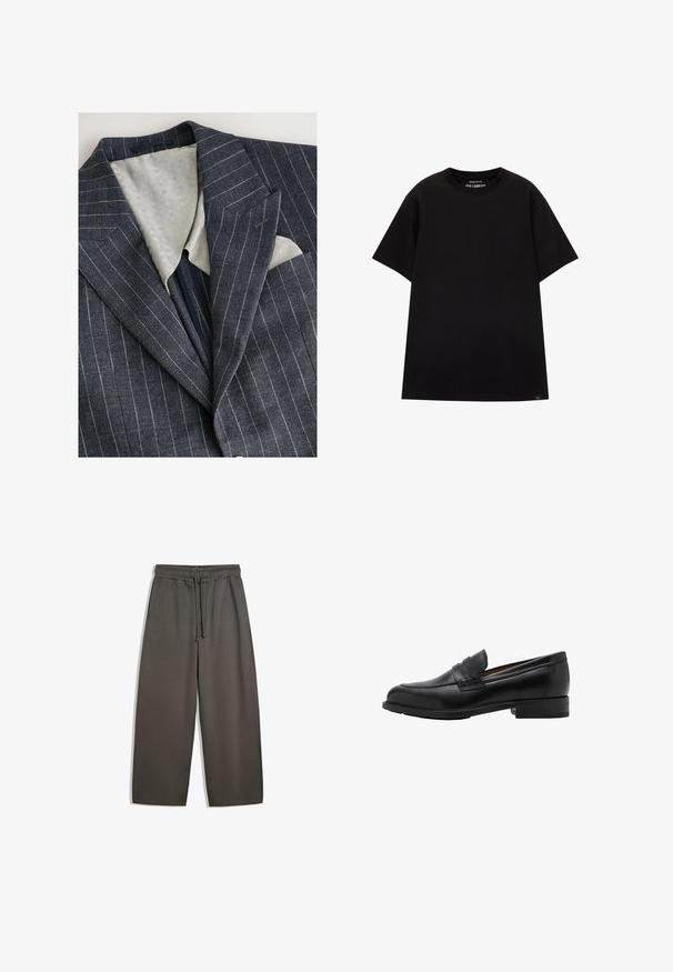 Marineblå blazer med smalle striber, en struktureret lys grå foring, notched klapper og en brystlomme med en hvid lommetørklæde.; PULL&BEAR JOIN LIFE - T-shirts basic - black; Mørkegrå vide bukser lavet af blødt stof med elastisk talje og snor. Har to sidelommer.; Sorte læder loafers med en syet front og flad hæl. Glat tekstur med en afrundet tå og en dekorativ rem hen over vristen.