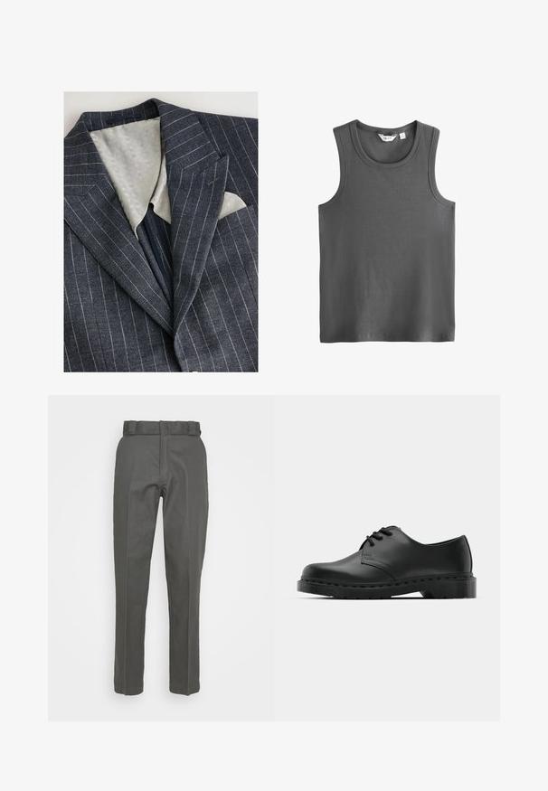 Blazer a righe blu navy con fodera grigia chiara testurizzata, rever a punta e taschino sul petto che mostra un fazzoletto bianco.; Top grigio senza maniche realizzato in tessuto a coste. Presenta una scollatura tonda e ampi spacchi per le braccia. L'etichetta all'interno del collo riporta la scritta "NEXT".; Pantaloni grigi con un design a gamba dritta, realizzati in un tessuto morbido. Presentano una vita con passanti per cintura e dettagli di cucitura minimi.; Scarpa oxford in pelle nera con design con lacci, punta arrotondata, suola piatta in gomma e dettagli di cucitura discreti lungo la parte superiore.