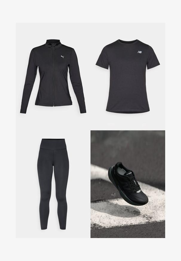 Zwarte sportjack met lange mouwen, ritssluiting aan de voorkant, hoge kraag en wit Puma-logo op de linkerborst. Gemaakt van een gladde, rekbare stof.; Zwarte korte mouwen t-shirt van zacht materiaal, met een klein grijs New Balance-logo op de bovenste linkerborst, klassieke ronde hals ontwerp.; Hogstwaist zwarte leggings gemaakt van rekbaar materiaal, met een gladde textuur en een nauwsluitend ontwerp, met minimale stikdetails.; Zwarte hardloopschoen met een gestructureerde bovenkant, slank ontwerp en reflecterende accenten. Heeft een zachte, gevoerde zool voor comfort.