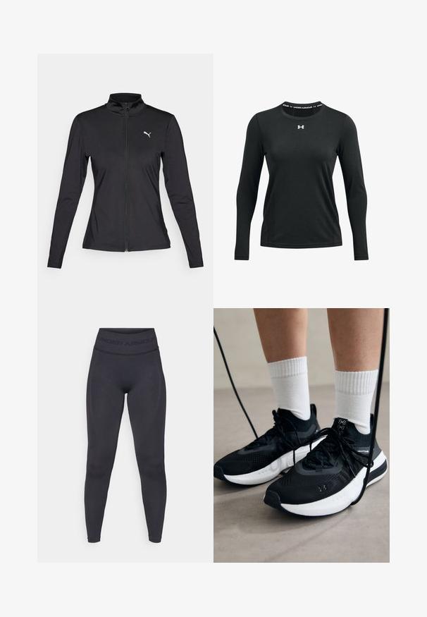 Chaqueta atlética negra de manga larga, con cierre frontal de cremallera, cuello alto y logo blanco de Puma en el lado izquierdo del pecho. Fabricada con un material suave y elástico.; Camiseta deportiva de manga larga negra, hecha de un tejido suave. Presenta un escote redondo con un logo de Under Armour impreso en el cuello.; Leggings negros con una cinturilla elástica alta que presenta el texto "UNDER ARMOUR". Textura suave con detalles de patrón sutil a lo largo de las piernas.; Zapatillas deportivas negras con tela texturizada, suela blanca y cordones negros. Llevadas con calcetines blancos de canalé, de pie sobre una superficie clara.